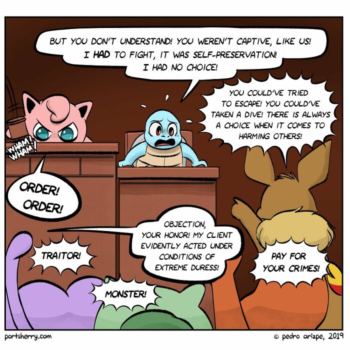Port Sherry comic panel featuring cartoon creatures in a courtroom scene with humorous dialogue and absurd twists.