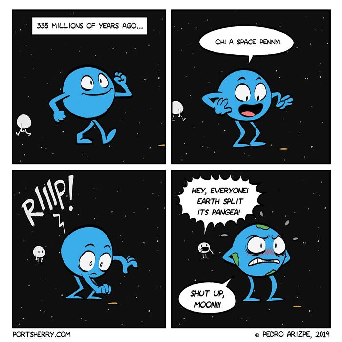 Port Sherry comic panels featuring a blue character with space and Earth humor in a funny everyday moment style.