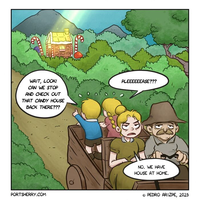 Port Sherry comic panel showing children pleading to visit a candy house, blending everyday moments with absurd twists.