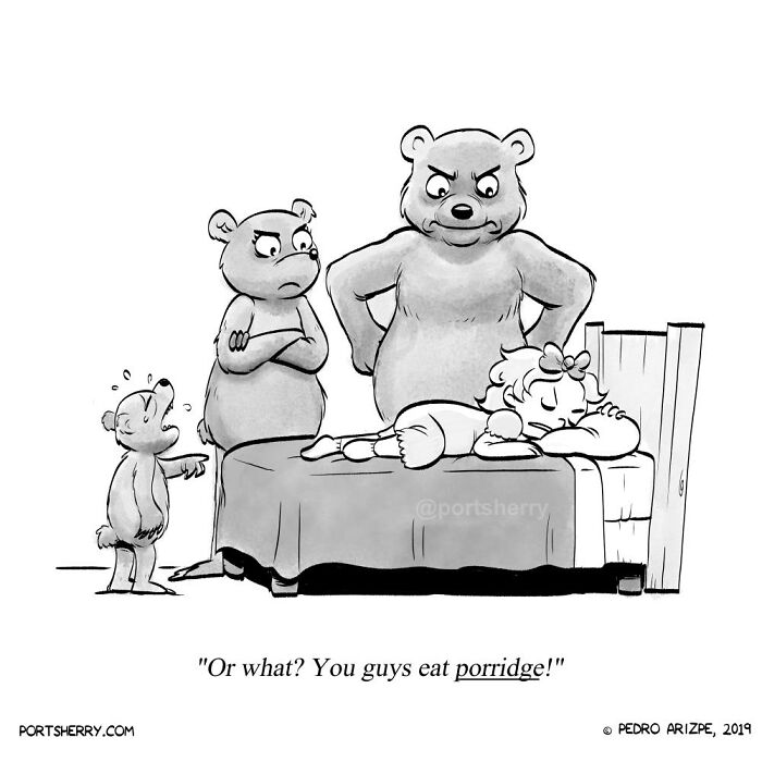 Funny Port Sherry comic with bears and a sleeping girl, blending everyday moments with absurd twists in a black and white style.
