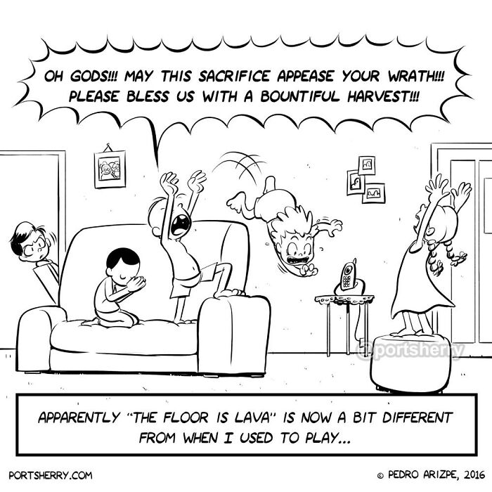 Funny Port Sherry comic shows kids playing a wild version of the floor is lava with absurd and chaotic twists.