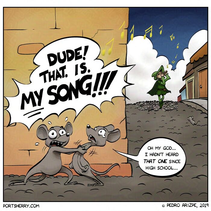Two cartoon mice argue over a song while a character plays music in a humorous Port Sherry comic panel.