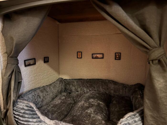 Cozy cat bed inside a vintage TV transformed into a nostalgic nook with soft cushions and small framed pictures on the walls.