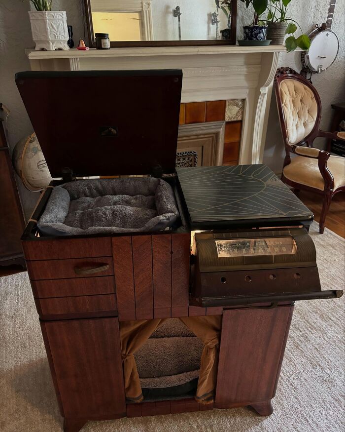 Vintage TV repurposed as a cozy cat bed with soft cushions inside, blending nostalgia and comfort in a living room setting.