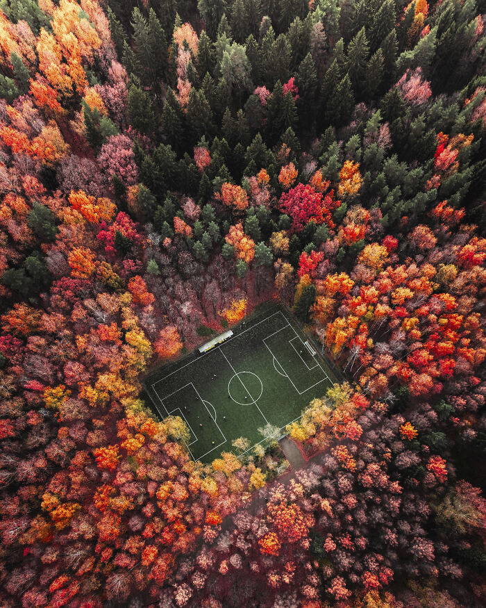 Aerial shot of a soccer field surrounded by dense autumn forest showcasing vibrant fall colors and nature’s beauty.