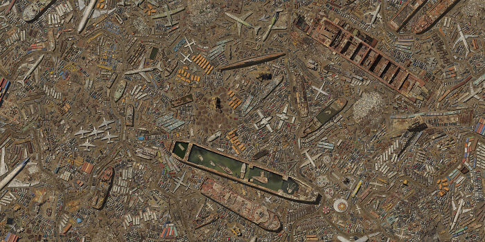 Aerial view of a vast airplane graveyard with numerous grounded aircraft and ships in a desert landscape.
