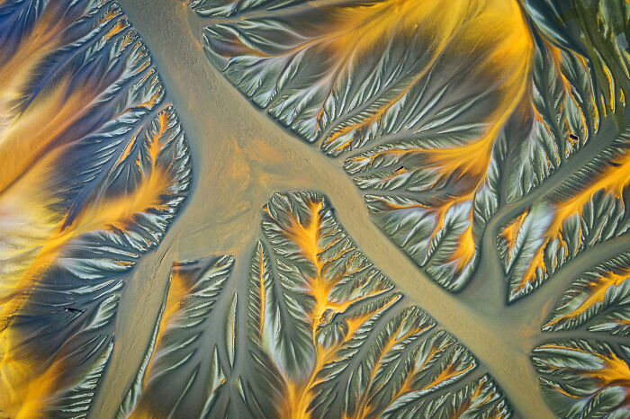 Abstract aerial shot showing intricate river patterns with vivid orange and blue hues, featured in winning aerial shots.