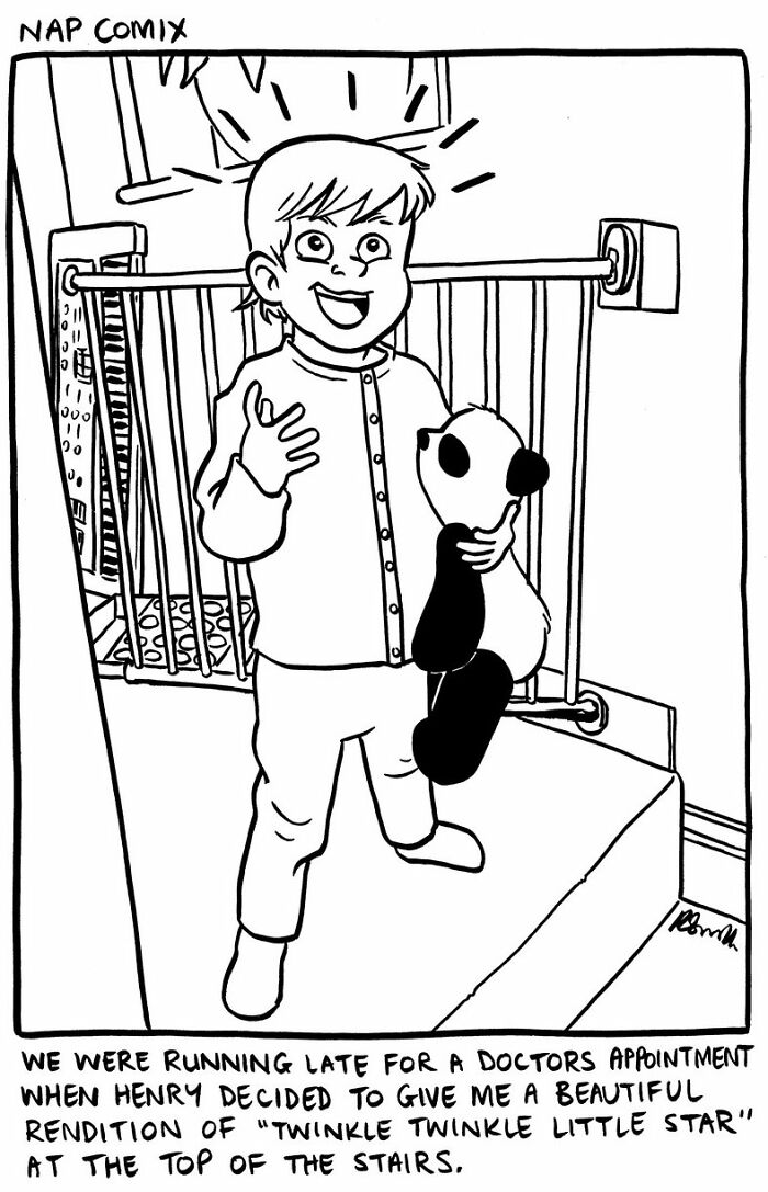 Parenting comic showing a child holding a stuffed panda singing at the top of stairs in an honest parenting moment.