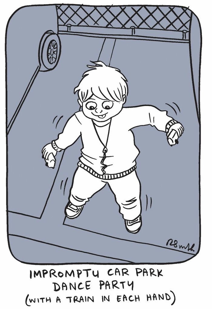 Child dancing with toy trains in an impromptu car park dance party, humorous parenting comic art by Rachel Smith.