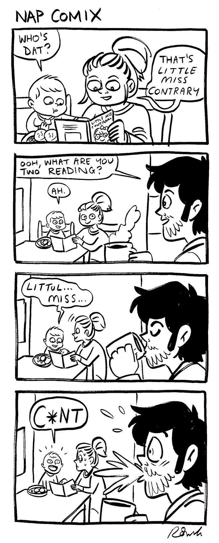 Black and white parenting comic strip by Rachel Smith showing a child mispronouncing words while reading aloud.