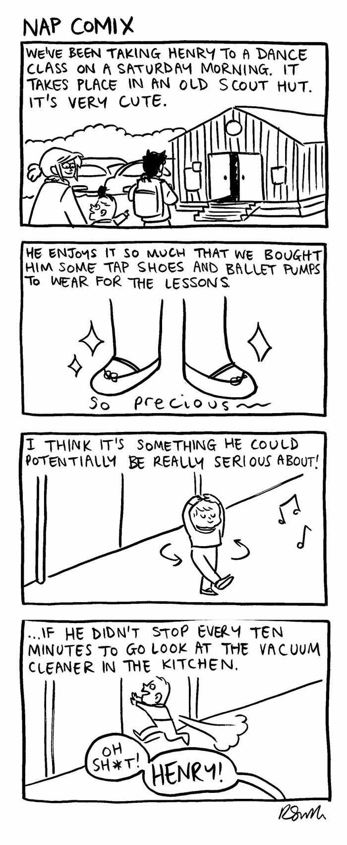 Parenting comic by Rachel Smith showing a child enjoying dance class with humorous interruptions at home.