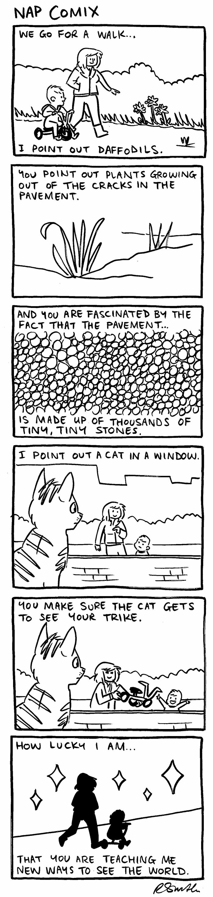 Parent and child on walk in parenting comic by Rachel Smith showing relatable and honest moments about seeing the world differently.