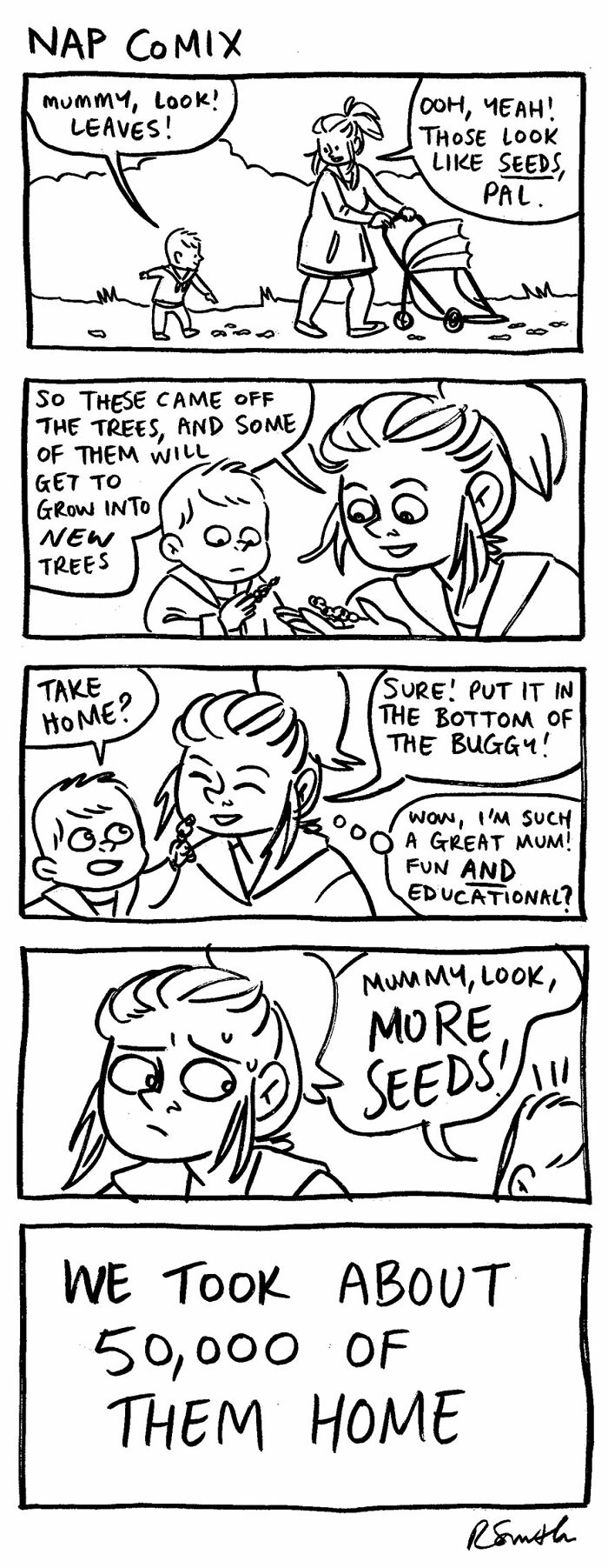 Parenting comic by Rachel Smith showing a mom and child collecting seeds, reflecting honest and relatable moments.