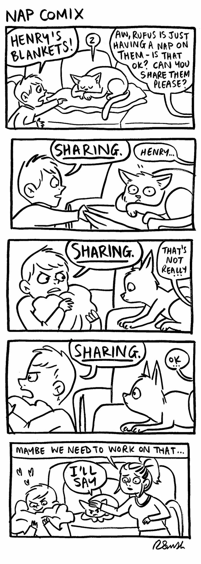 Black and white parenting comic by Rachel Smith showing a child and cat arguing about sharing blankets and naps.