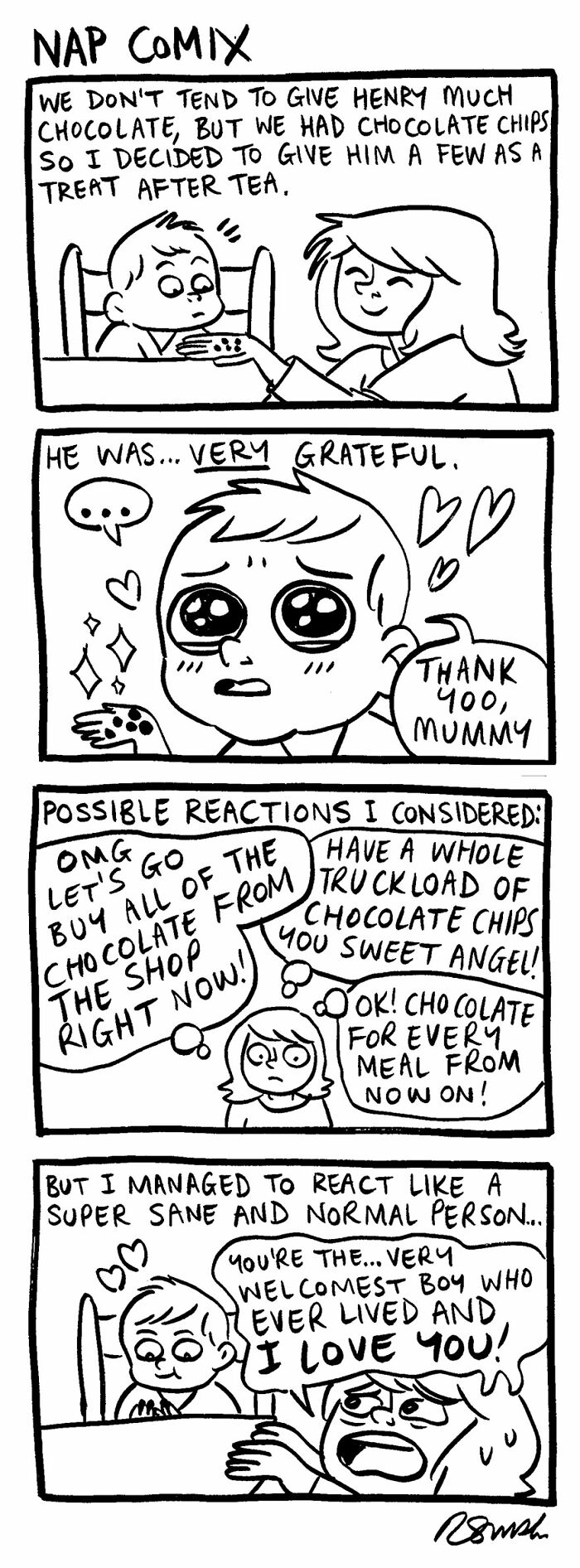 Parenting comic by Rachel Smith showing a mom giving chocolate chips to her grateful child with funny reactions.