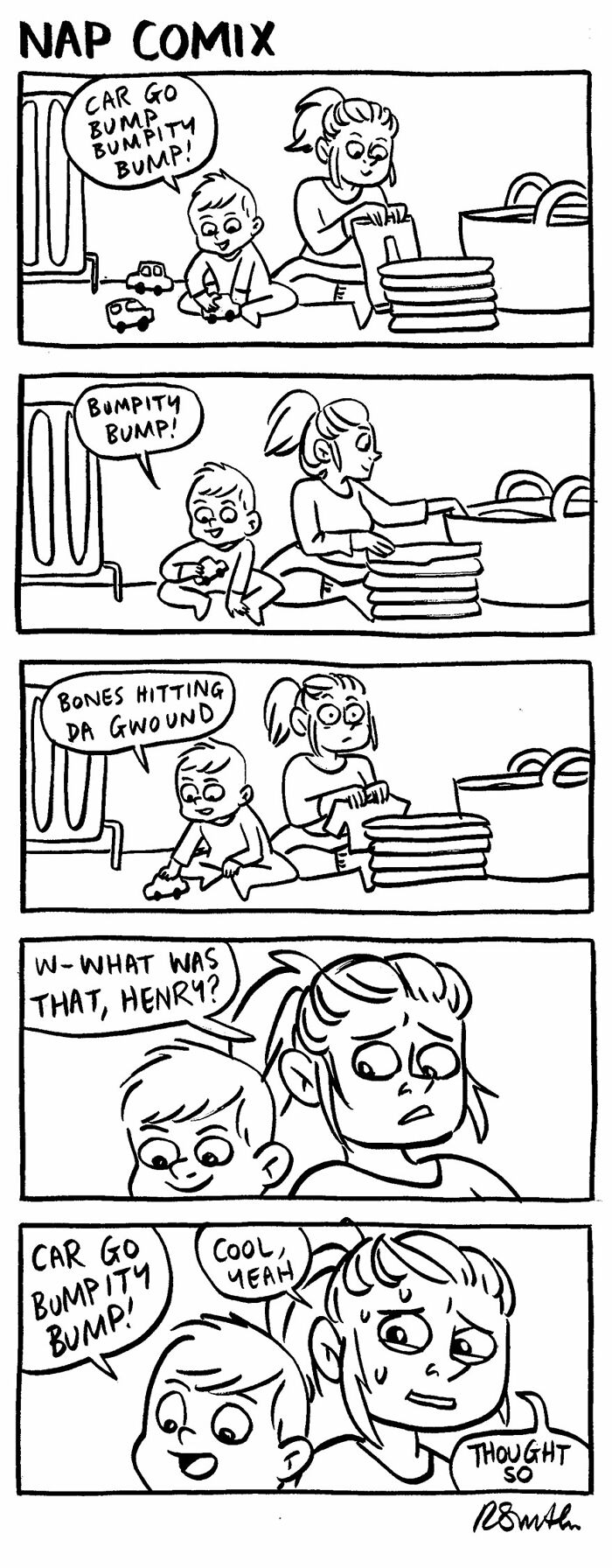 Parent playing with toddler in a funny parenting comic by Rachel Smith showing relatable parenting moments.