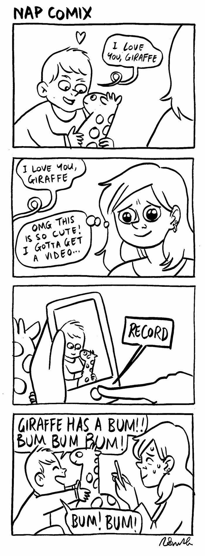 Parenting comics by Rachel Smith showing a mother capturing her child's funny giraffe moment on video.