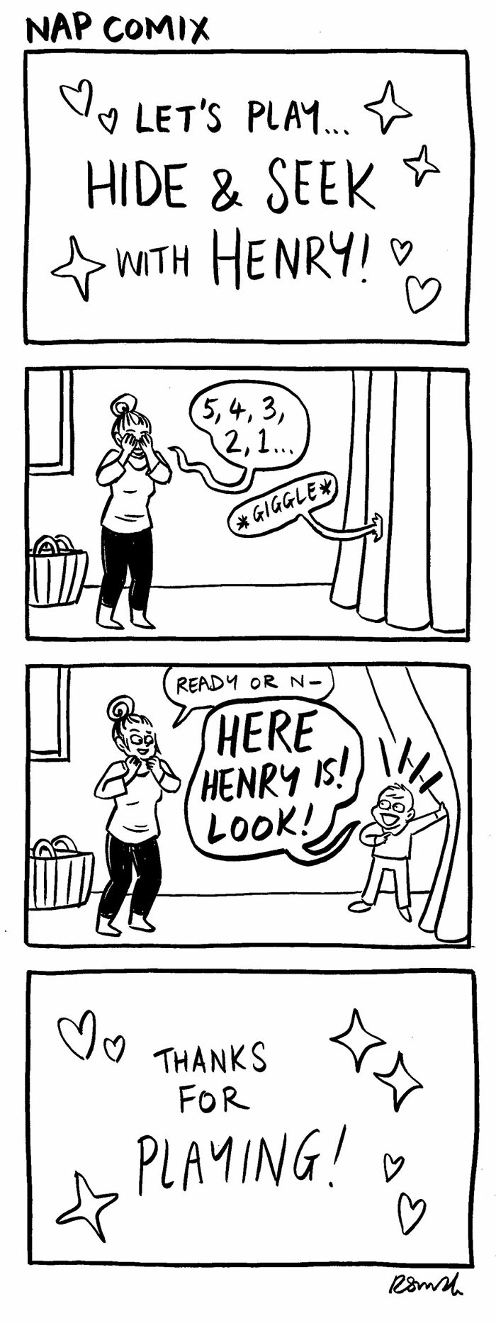 Black and white parenting comic by Rachel Smith showing a playful hide and seek game with a young child named Henry.