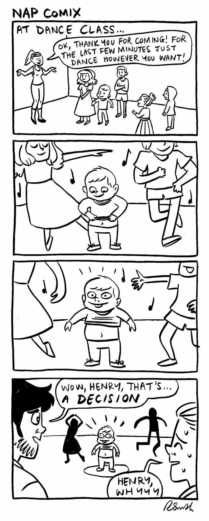 Parenting comic by Rachel Smith showing a toddler dancing freely at dance class, capturing relatable parenting moments.