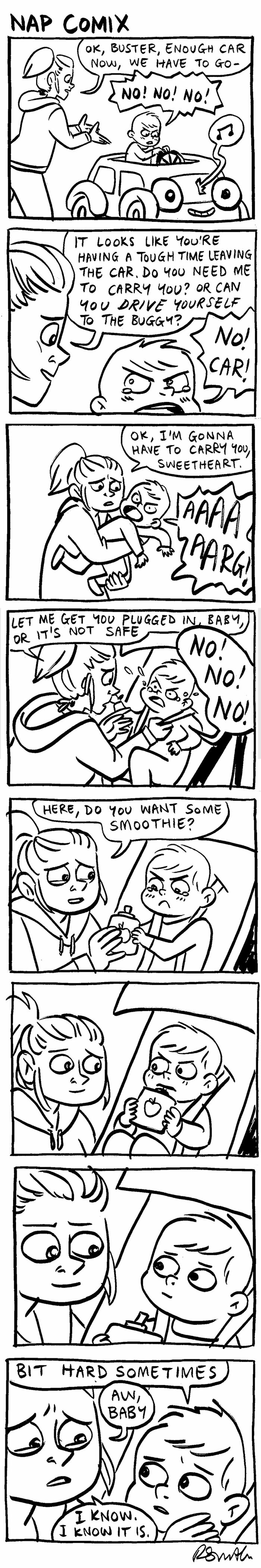 Parent struggling to get toddler out of car in a relatable and honest parenting comic by Rachel Smith.