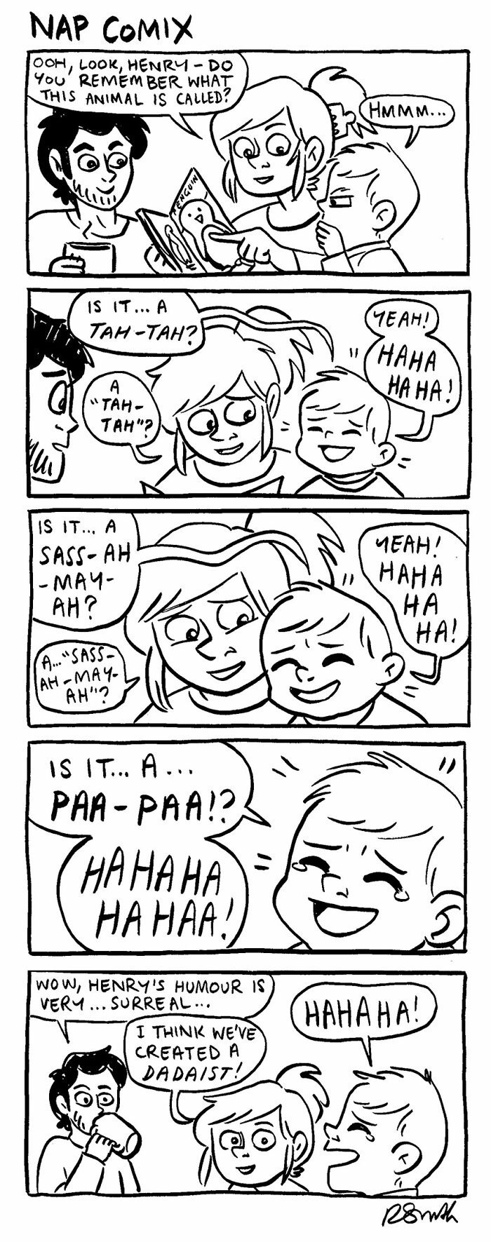 Black and white parenting comic by Rachel Smith showing a family sharing laughs over a child's funny animal names.