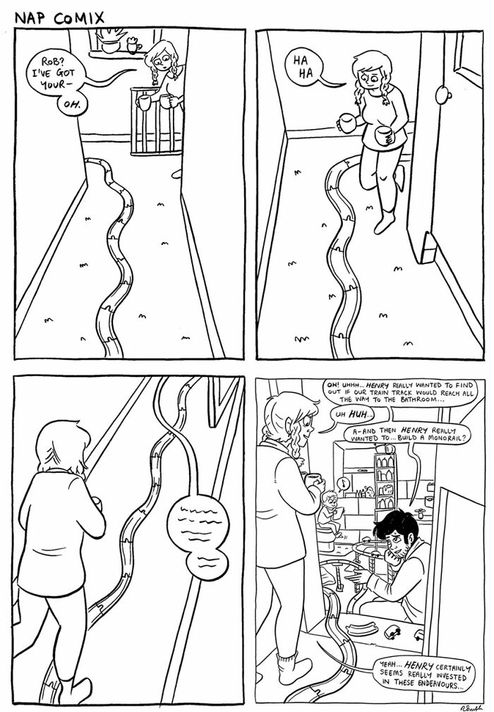 Parent navigating a toy train track through the house in a humorous parenting comic by Rachel Smith.