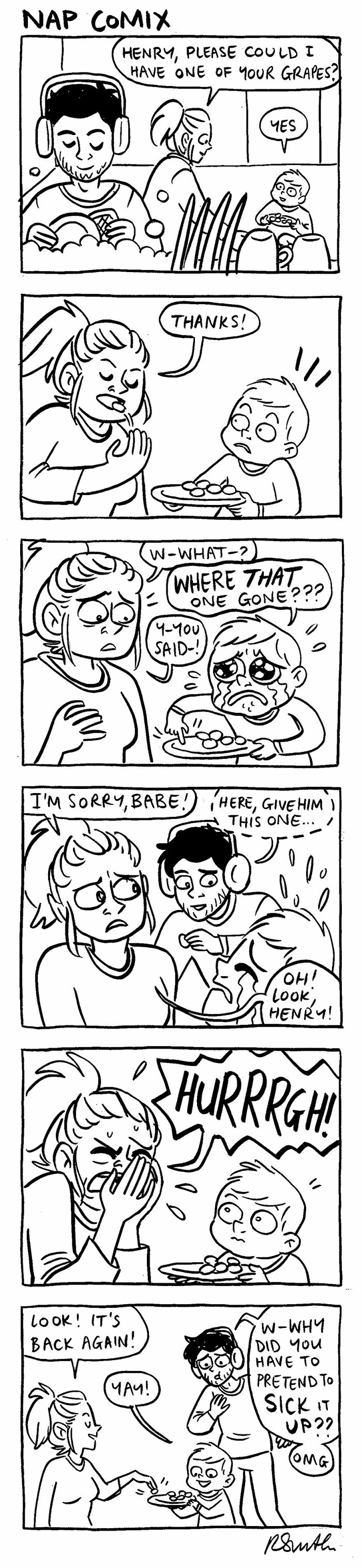 Black and white parenting comic by Rachel Smith showing a child, parents, and a funny grape-sharing moment most parents relate to.