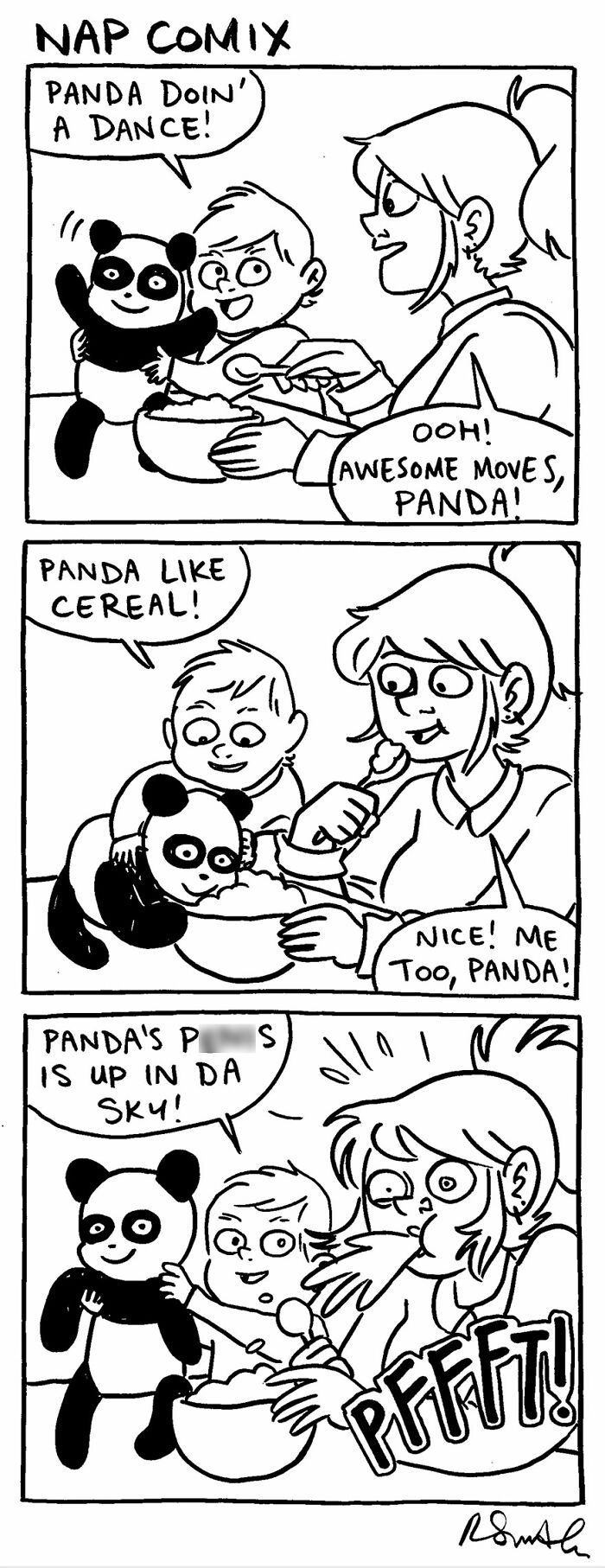 Parent and child share funny moments with a panda toy in a relatable parenting comic by Rachel Smith.