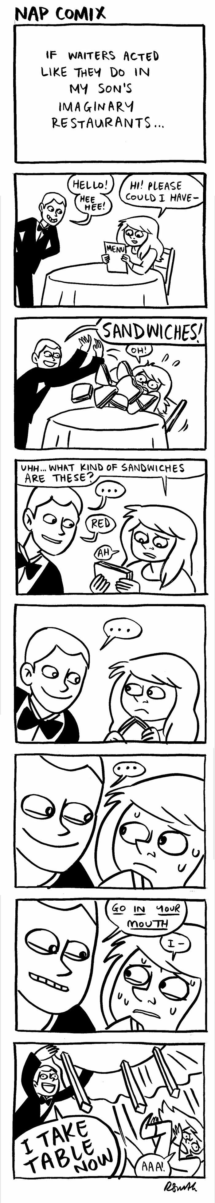 Black and white parenting comic showing a waiter serving imaginary sandwiches in a hilarious relatable scenario.