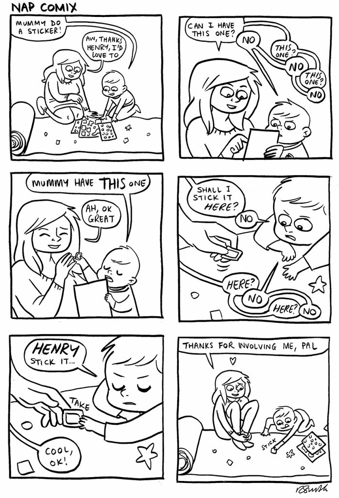 Parent and child sharing a funny moment with stickers in a relatable parenting comic by Rachel Smith.
