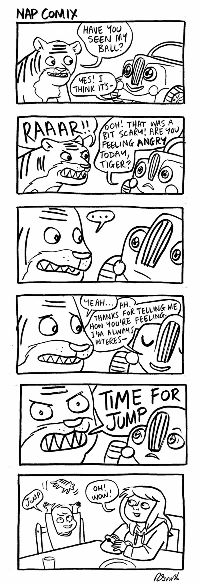 Parenting comic by Rachel Smith showing a tiger and car character with a child and mother reacting to playtime.