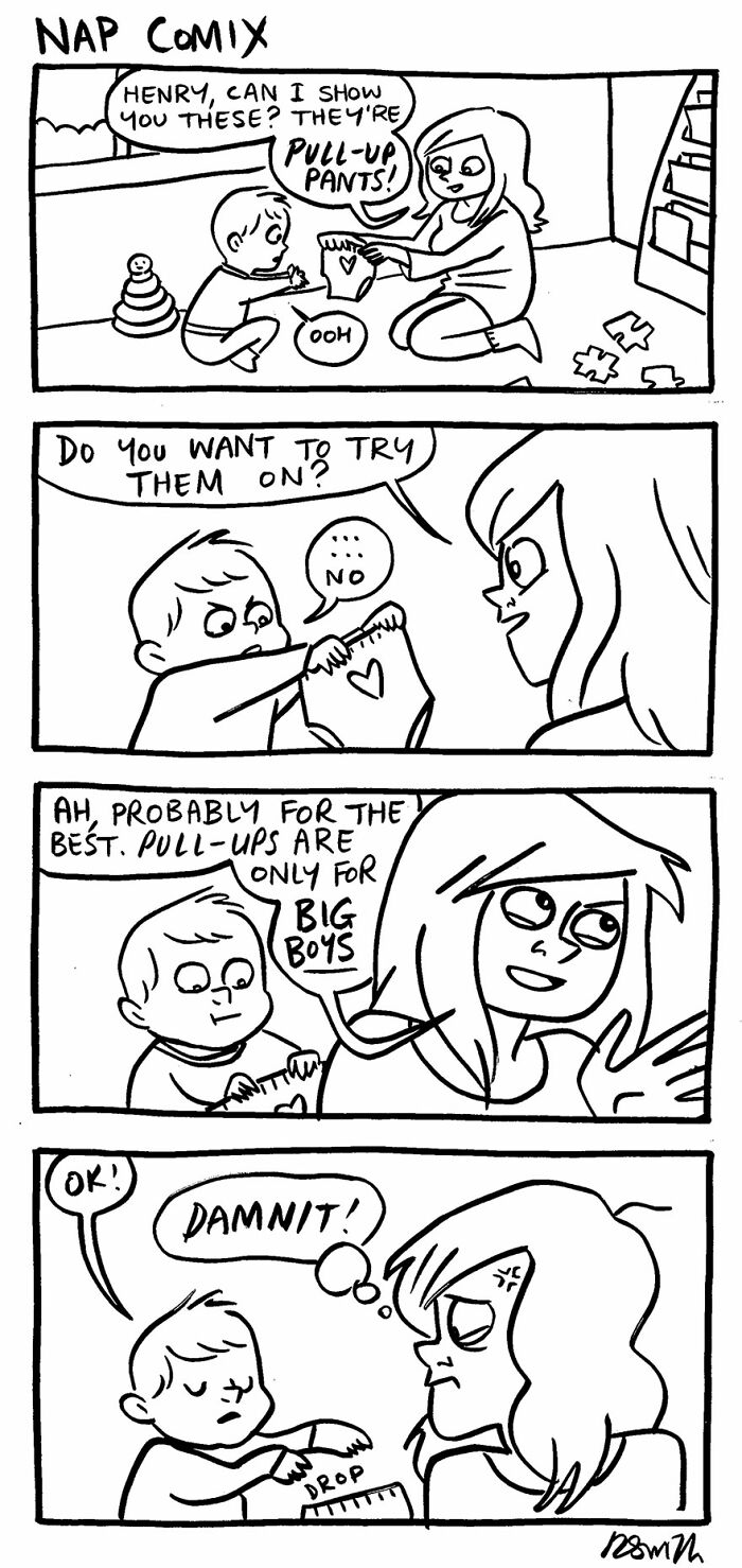 Parent and child in a funny parenting comic by Rachel Smith, highlighting relatable moments with pull-up pants.