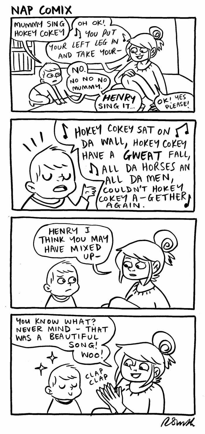 Parenting comic by Rachel Smith showing a mother and child humorously singing Hokey Cokey with mixed-up lyrics.