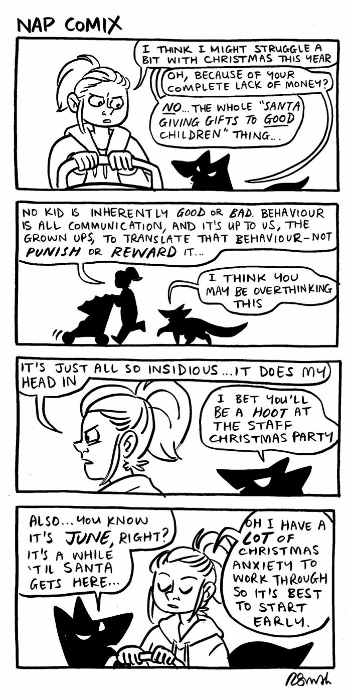 Black and white parenting comic by Rachel Smith showing humorous Christmas anxiety and reflections on child behavior.