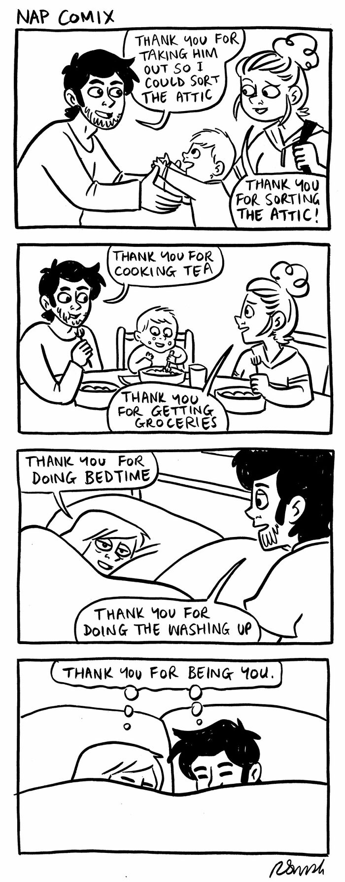 Parenting comic by Rachel Smith showing family thanking each other for daily chores and bedtime in relatable scenes.