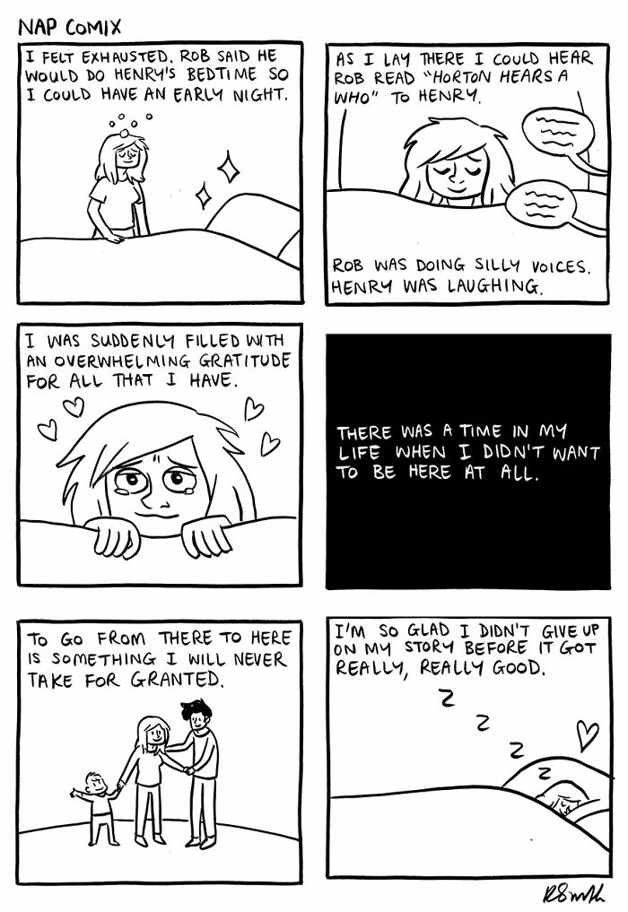 Parent reflecting with gratitude while husband reads bedtime story in black and white parenting comic by Rachel Smith