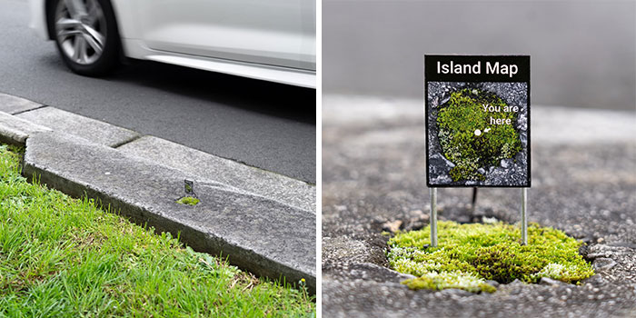 Tiny street scenes with a miniature island map sign and moss growing in a city curb crack.