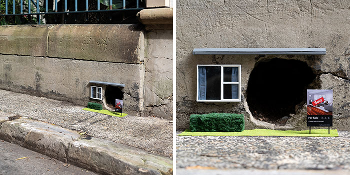 Tiny street scenes with miniature houses and a For Sale sign popping up around the city sidewalk edges.