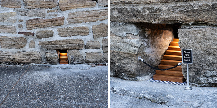 Tiny street scenes featuring a miniature staircase and sign popping up in stone walls around the city.