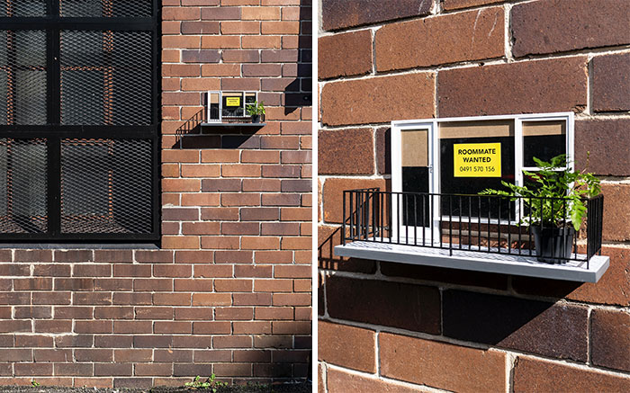 Tiny street scenes of a miniature balcony with a roommate wanted sign popping up on a brick wall in the city.