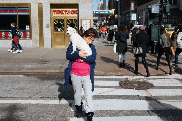 Woman crossing NYC street holding white dog, captured in a powerful street moment with urban background and pedestrians.