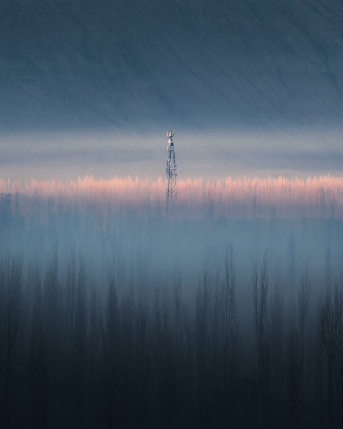 Tower rising above misty forest at dawn, showcasing breathtaking landscape shots with a surreal, fantasy movie-like atmosphere.
