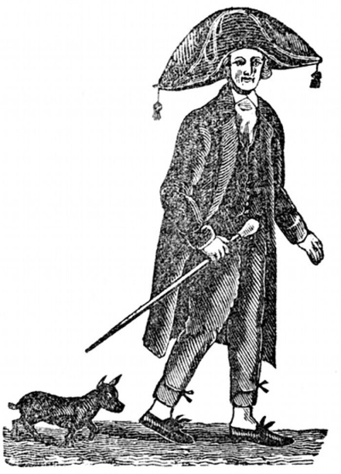 Vintage illustration of a man in elaborate clothing walking with a small dog, symbolizing the journey from poverty to super wealthy.