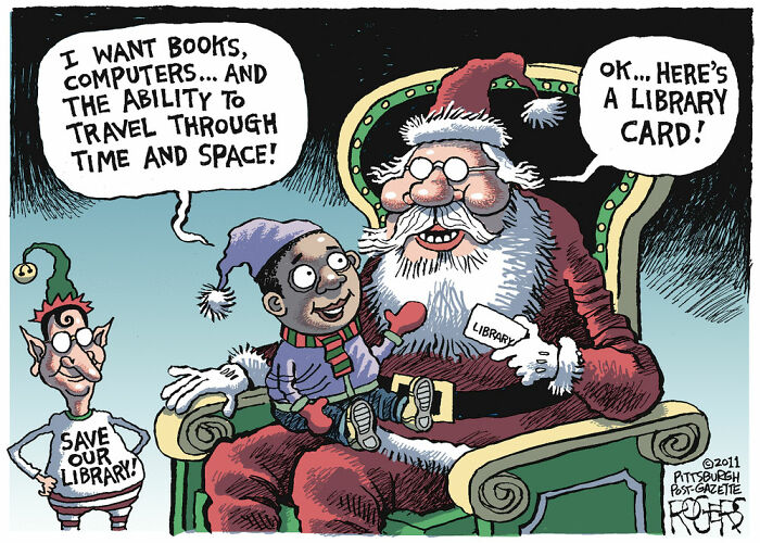Cartoon depicting cringy jokes with Santa giving a library card, highlighting boomers and internet humor clash.
