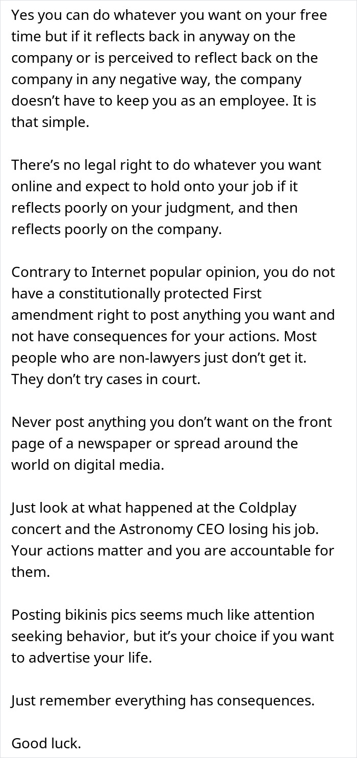 Text explaining why a boss doesn’t want employee bikini pictures posted due to company image and consequences. - 35