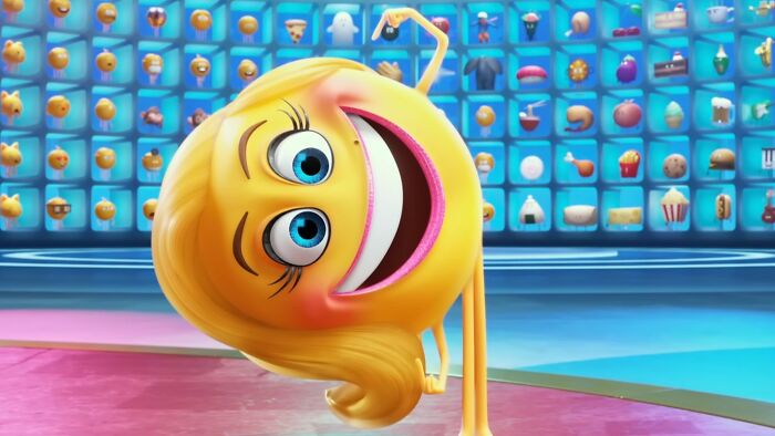 Animated yellow emoji character with blonde hair and blue eyes posing in a colorful scene from worst movies list.