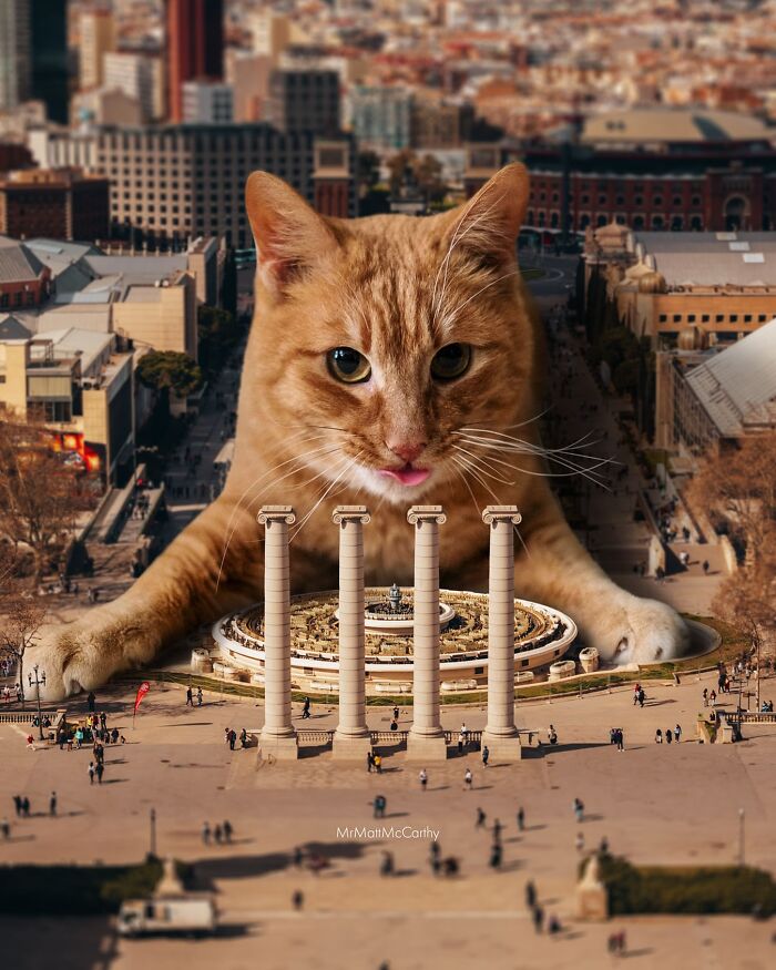 Giant cat towering over cityscape with ancient columns, surreal parallel universe art imagining giant cats reigning.
