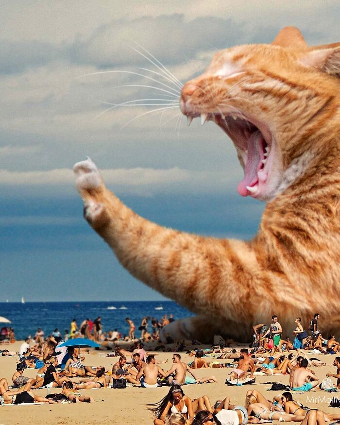 Giant cat looming over crowded beach in a surreal parallel universe imagined by artist with giant cats reign.