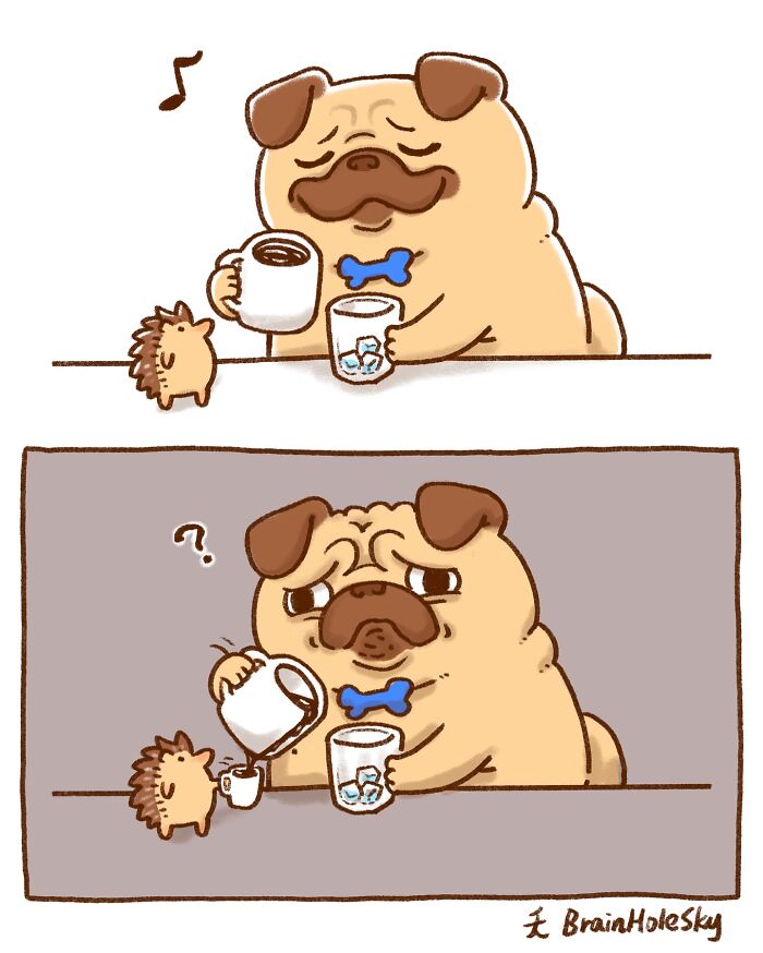 Cute animal comic showing a pug and hedgehog sharing drinks in a hilariously relatable moment.