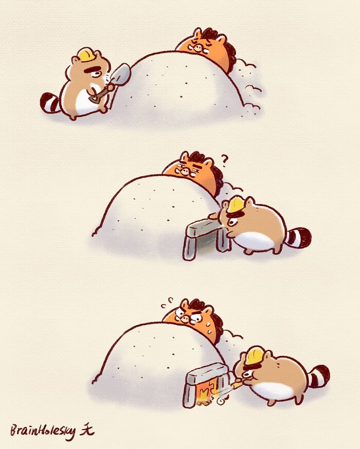Cute animal comics showing a raccoon in a hard hat building a tiny door for a hedgehog's dirt mound.